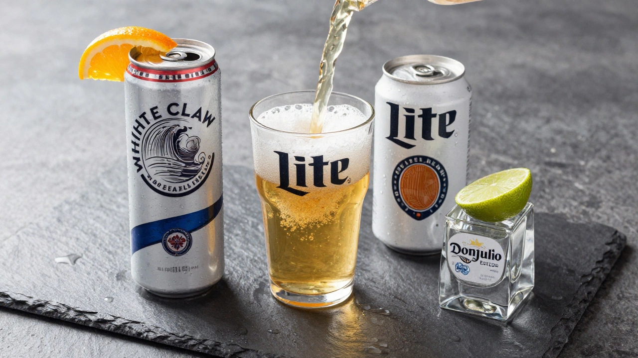 Three low-calorie alcoholic drinks: hard seltzer, light beer, and clear tequila on a slate surface.