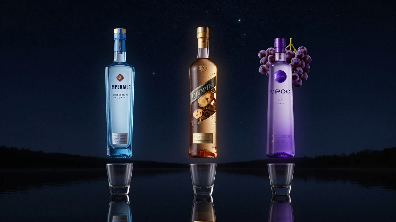 Three premium vodka bottles floating in space, each glowing with a color representing its base ingredient.