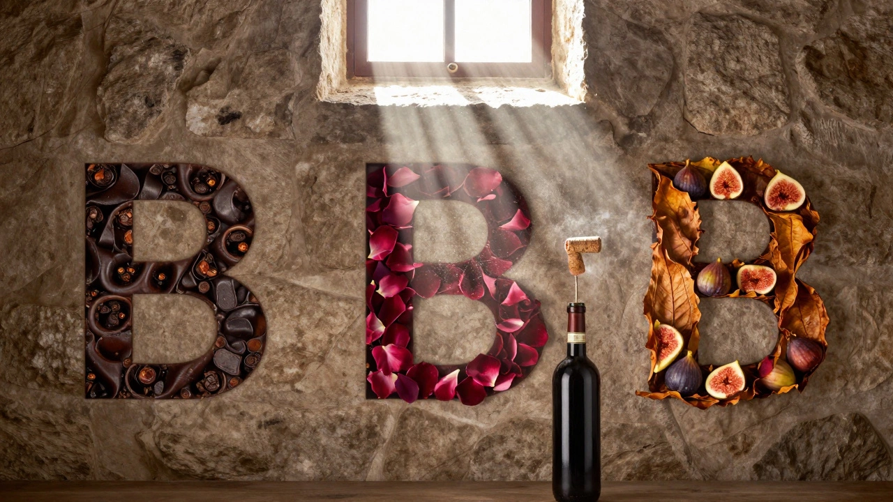 Three stone walls symbolizing Barolo, Barbaresco, and Brunello, illuminated by a single beam of sunlight and a cork being pulled.