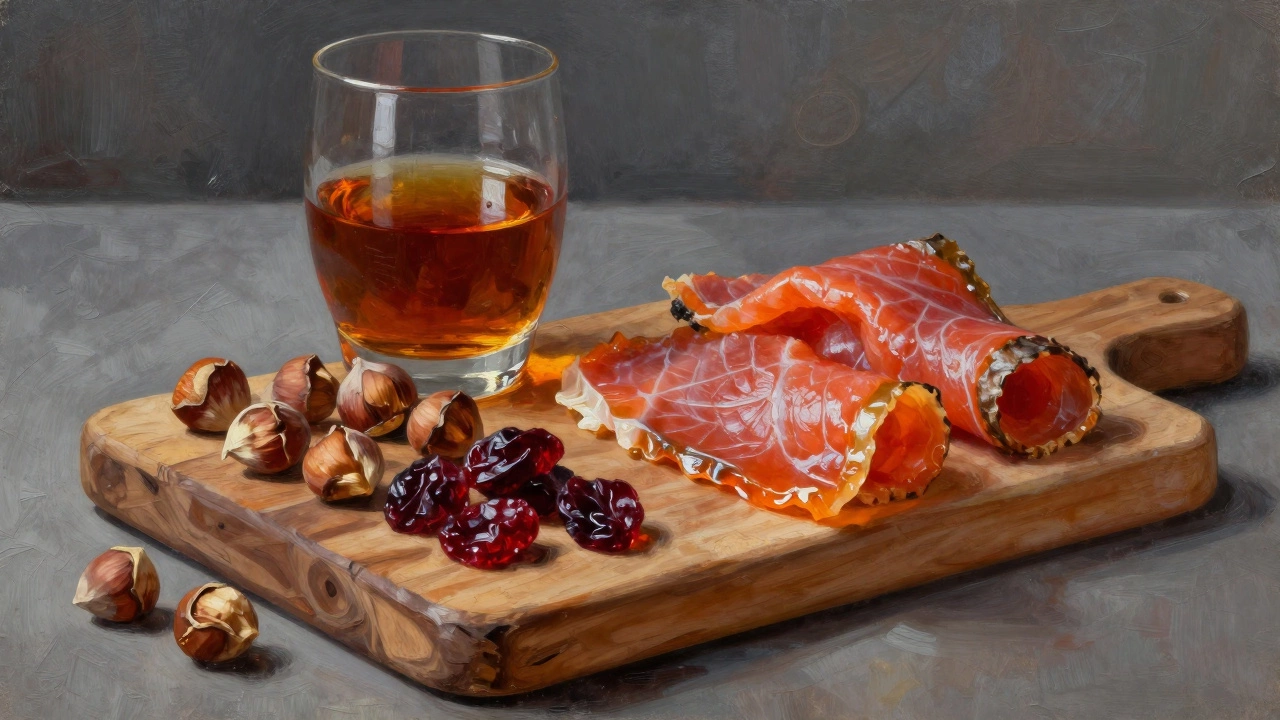 Wooden board with nuts, salmon, and whisky for tasting.