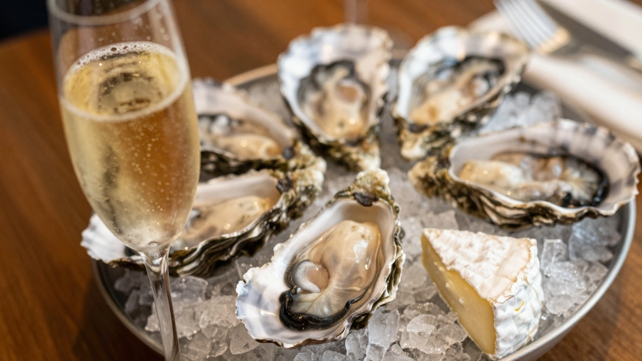A glass of sparkling champagne next to a platter of fresh oysters and brie cheese