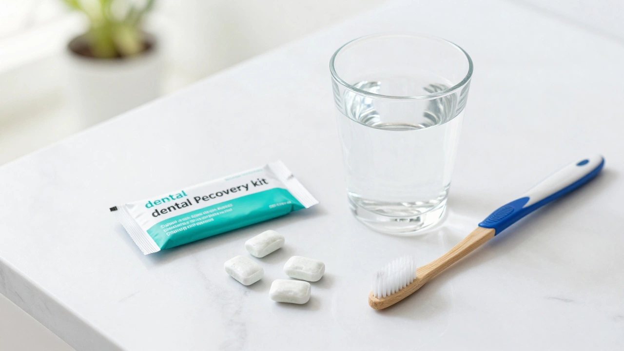 A glass of water, mint gum, and a toothbrush on a white marble surface.