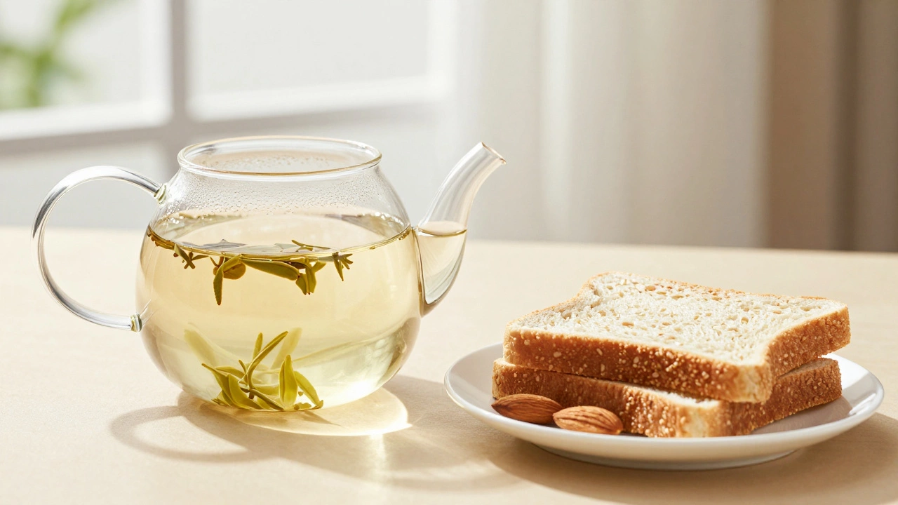 A pot of light white tea served with toast and nuts in bright, natural sunlight.