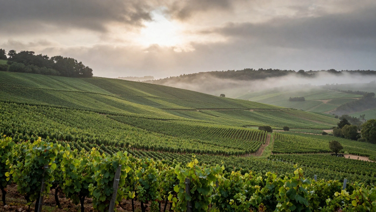 Aerial view of lush green vineyards and rolling hills in the Champagne region of France