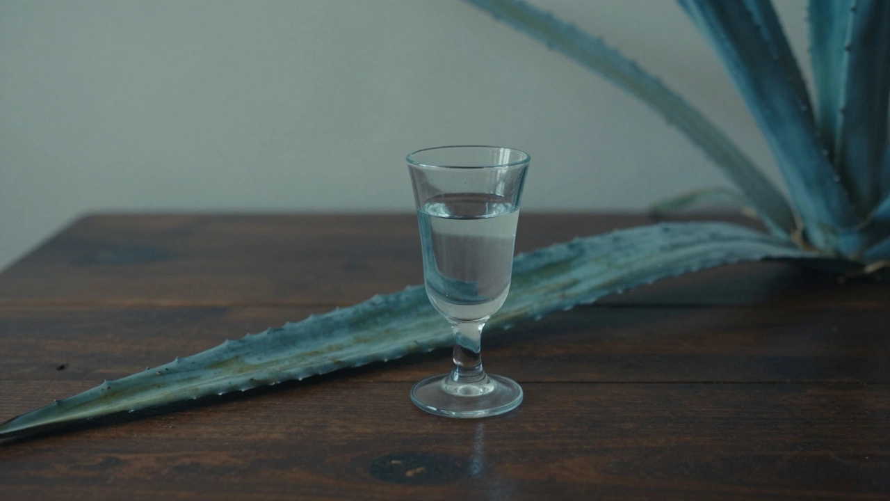 An empty tequila glass and an agave leaf in a dim, moody setting.