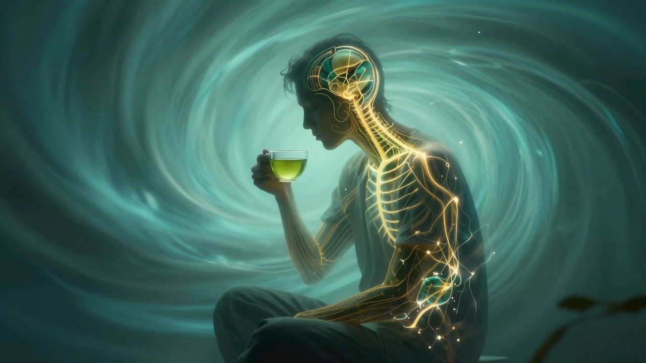 Conceptual art of a person experiencing a floating, electric sensation while drinking green tea.