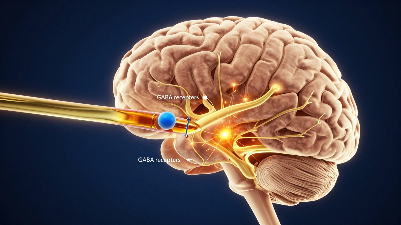 Conceptual illustration of ethanol affecting GABA and glutamate receptors in the brain.