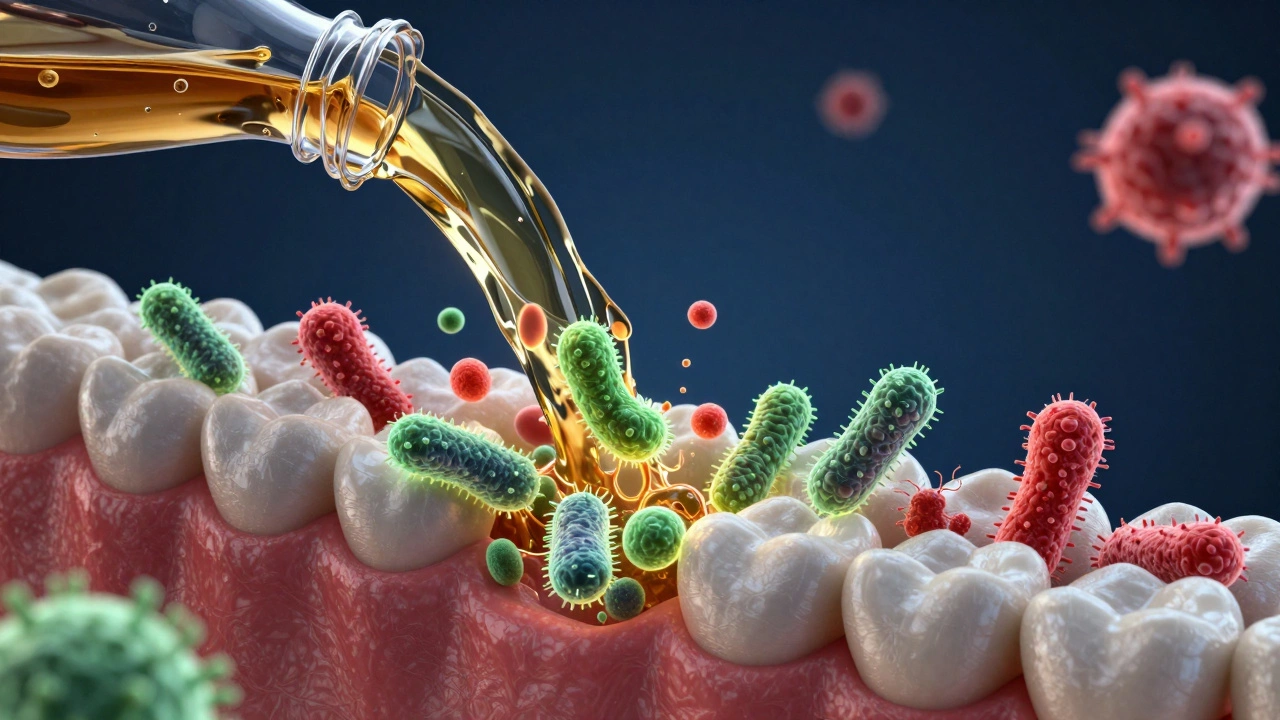 Microscopic view of whiskey liquid affecting a diverse colony of oral bacteria.