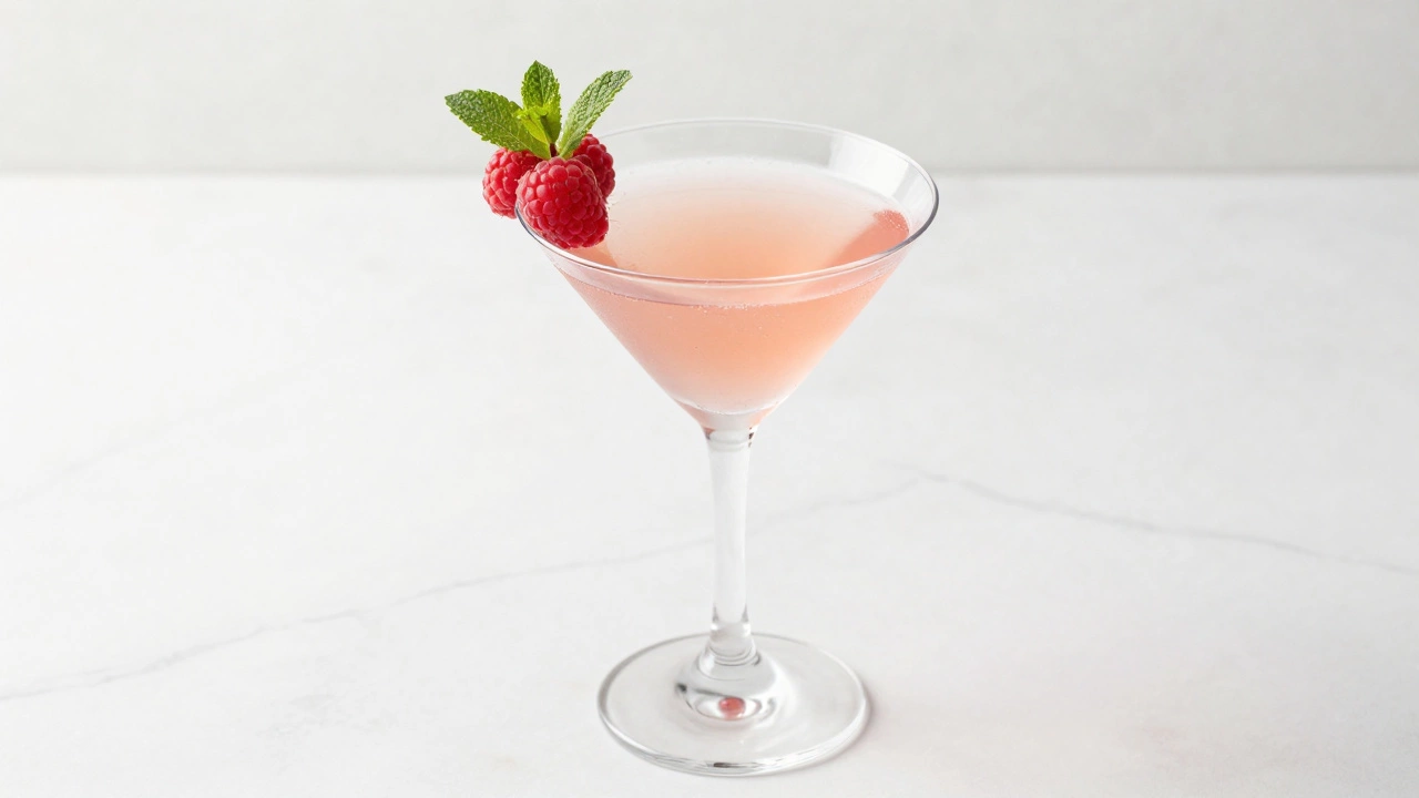 Pale pink gin cocktail with raspberries in a chilled martini glass on marble.
