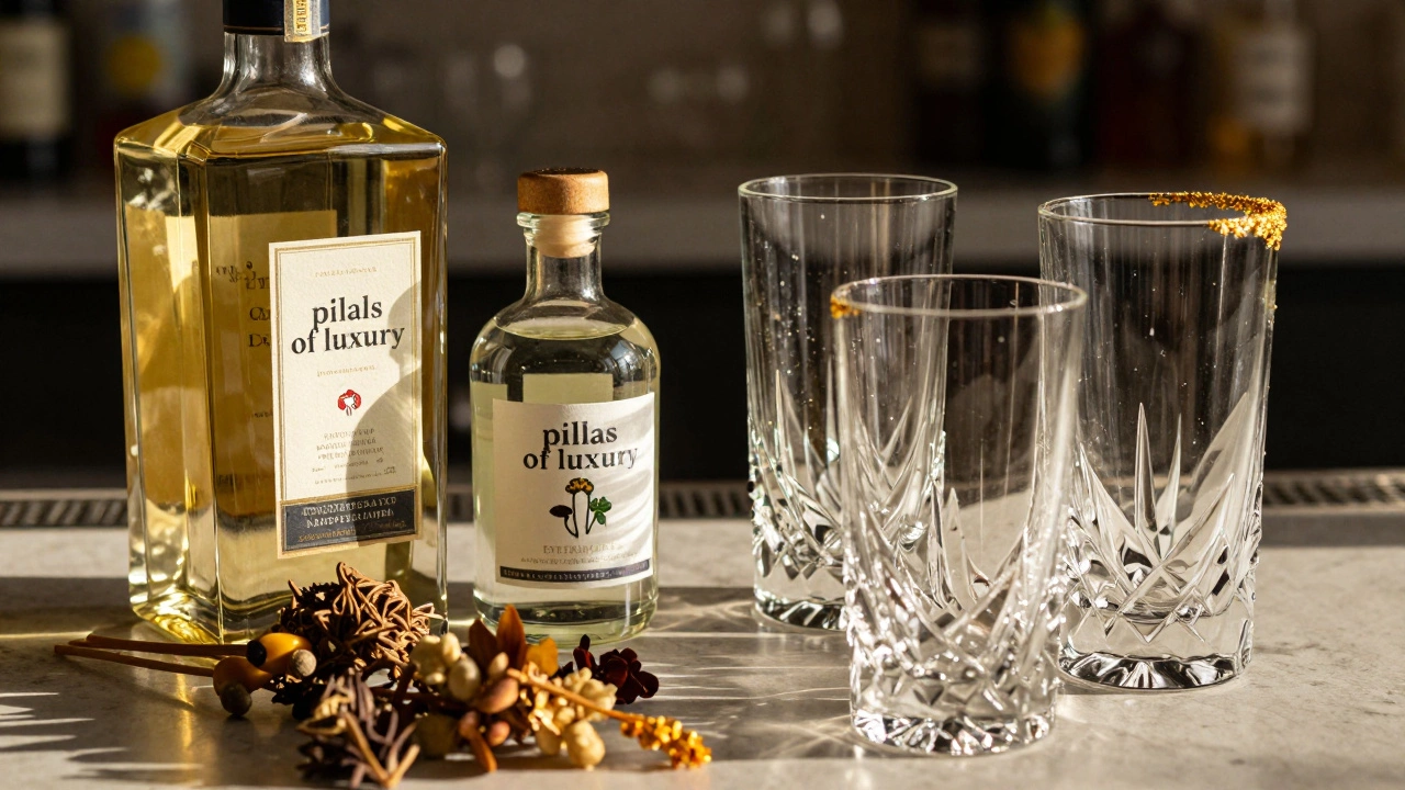 Premium tequila, liqueur, and crystal glassware with gold-dusted garnishes.