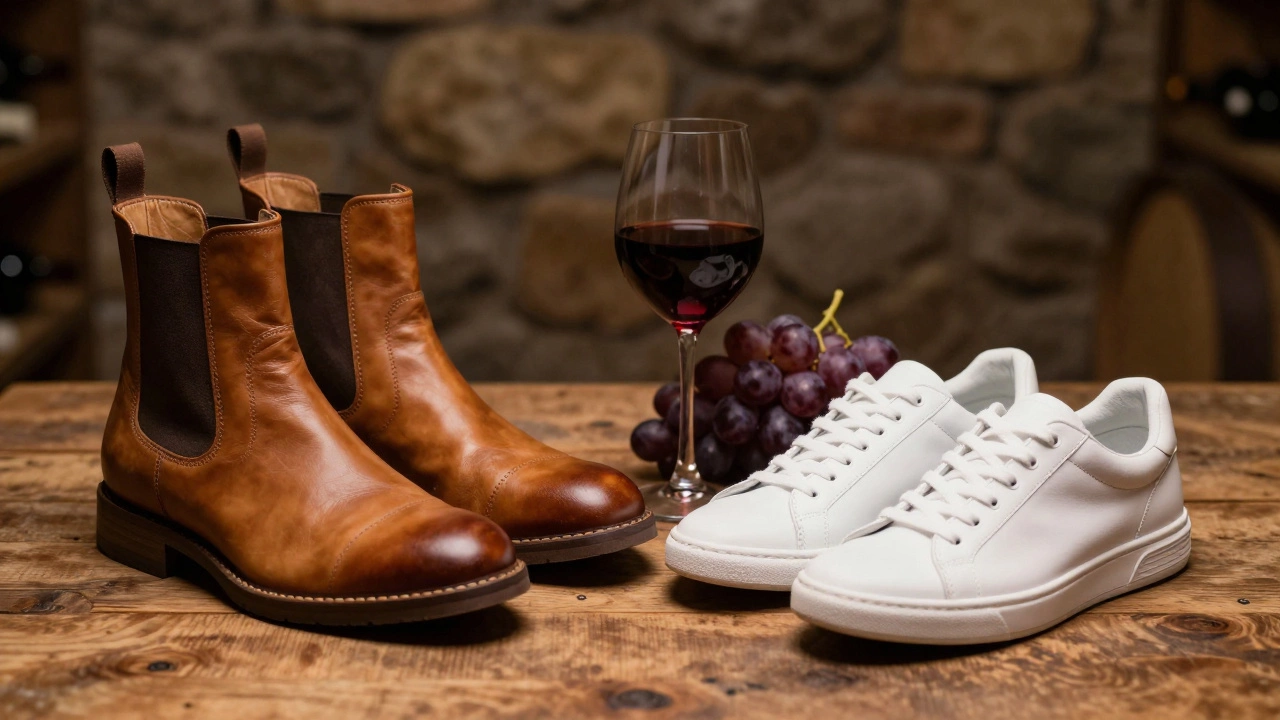 White leather sneakers and tan Chelsea boots next to a glass of red wine on a wooden table.
