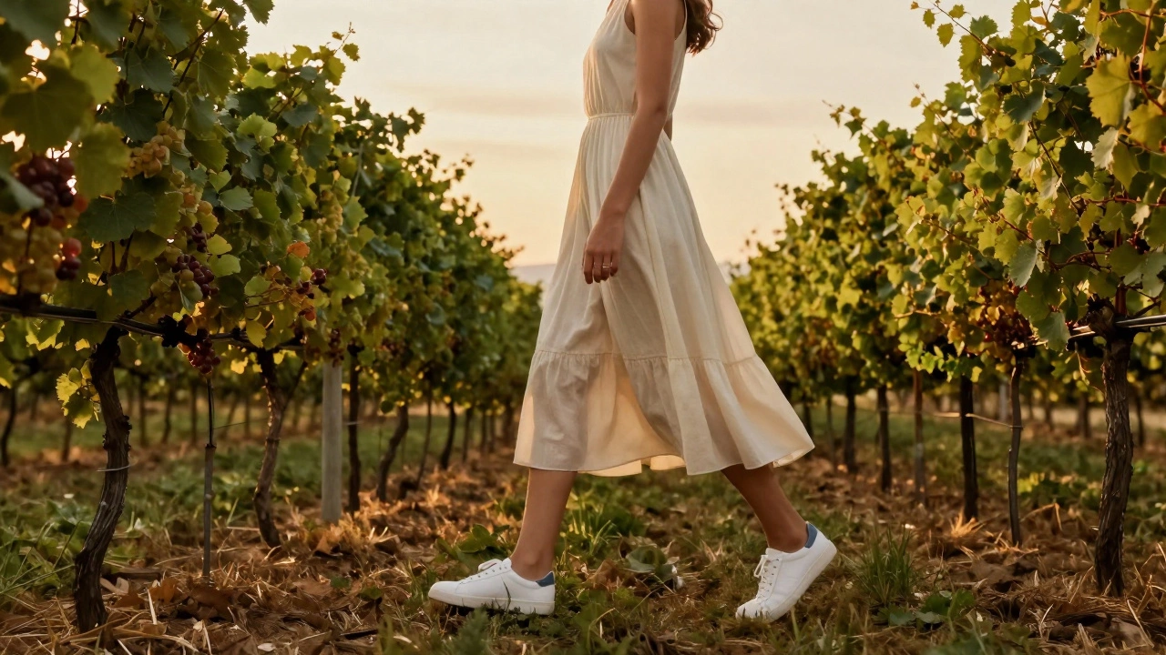 Woman in a cream midi dress and white sneakers walking through a sunny vineyard.