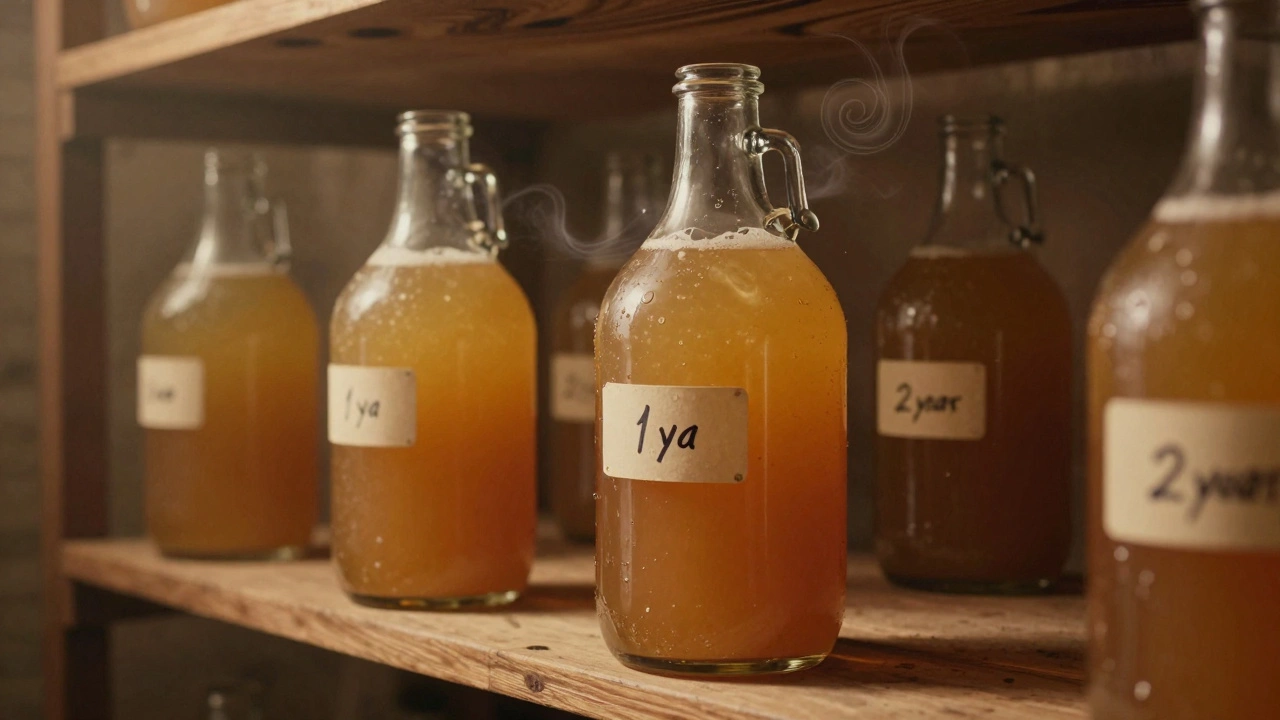 Aged sour beer carboys in a dim cellar representing patience