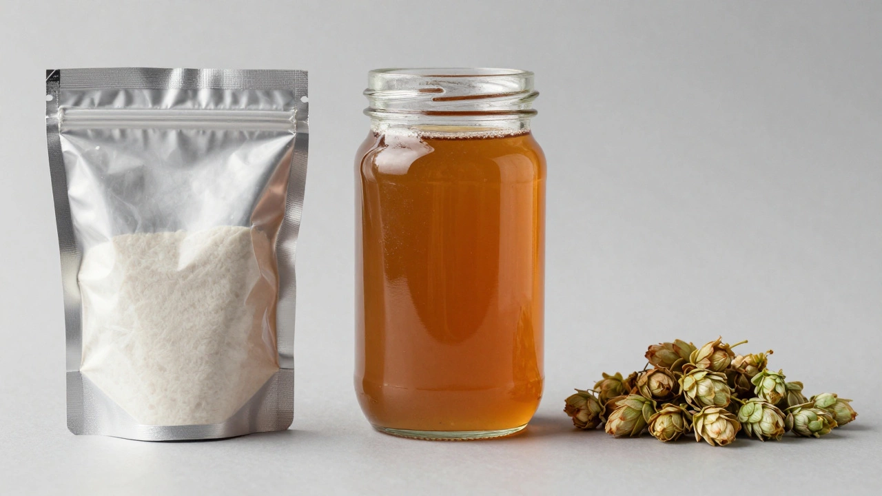 Close-up of dry yeast, liquid malt extract, and hops