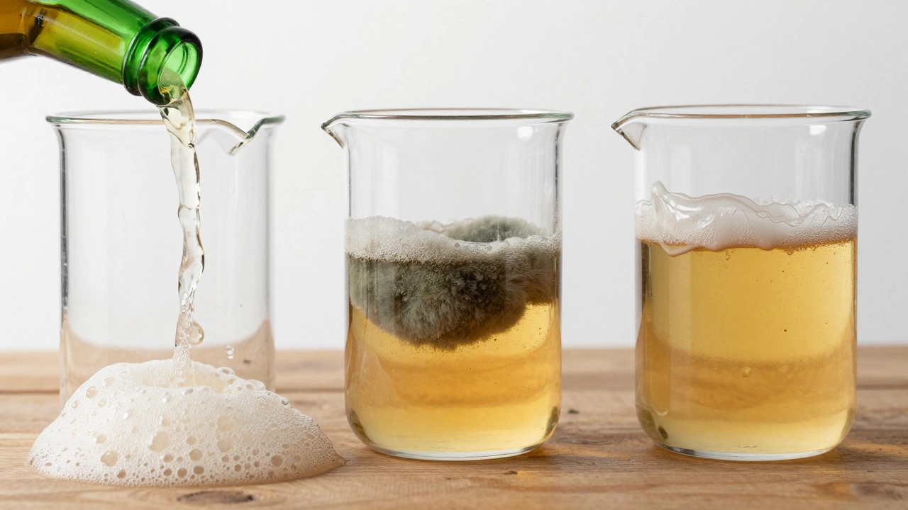 Close-up of spoiled beer showing foam overflow, mold, and slimy film