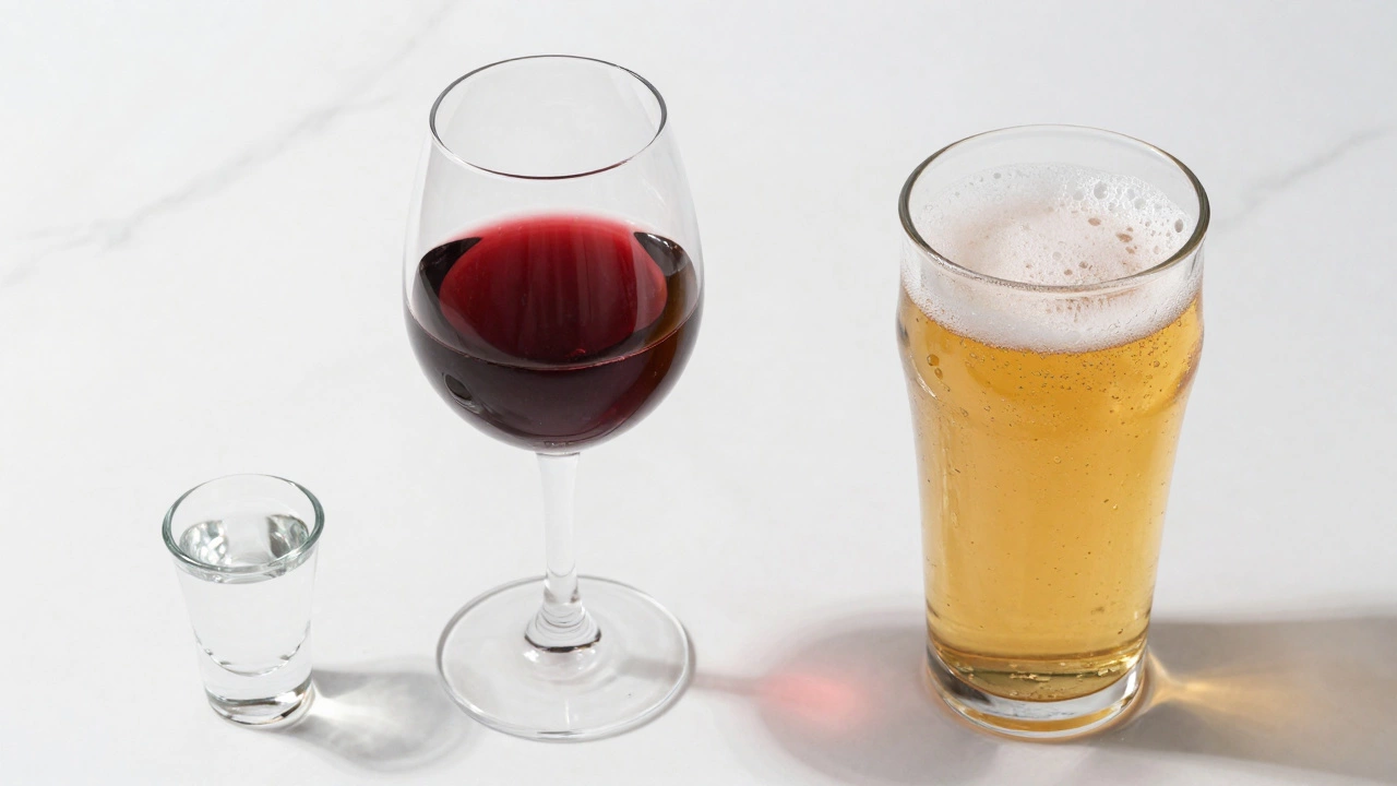 Comparison of vodka, wine, and beer glasses on a marble surface