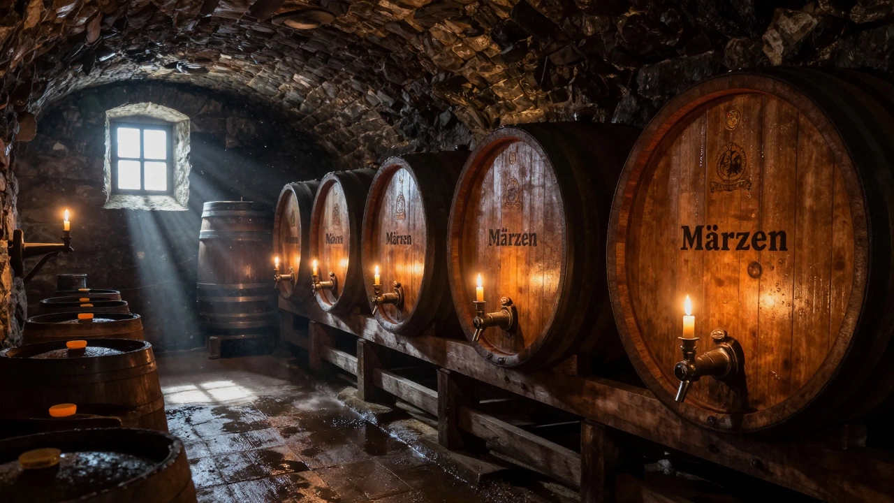 Dimly lit 19th-century cellar storing Märzen beer kegs in wooden barrels.