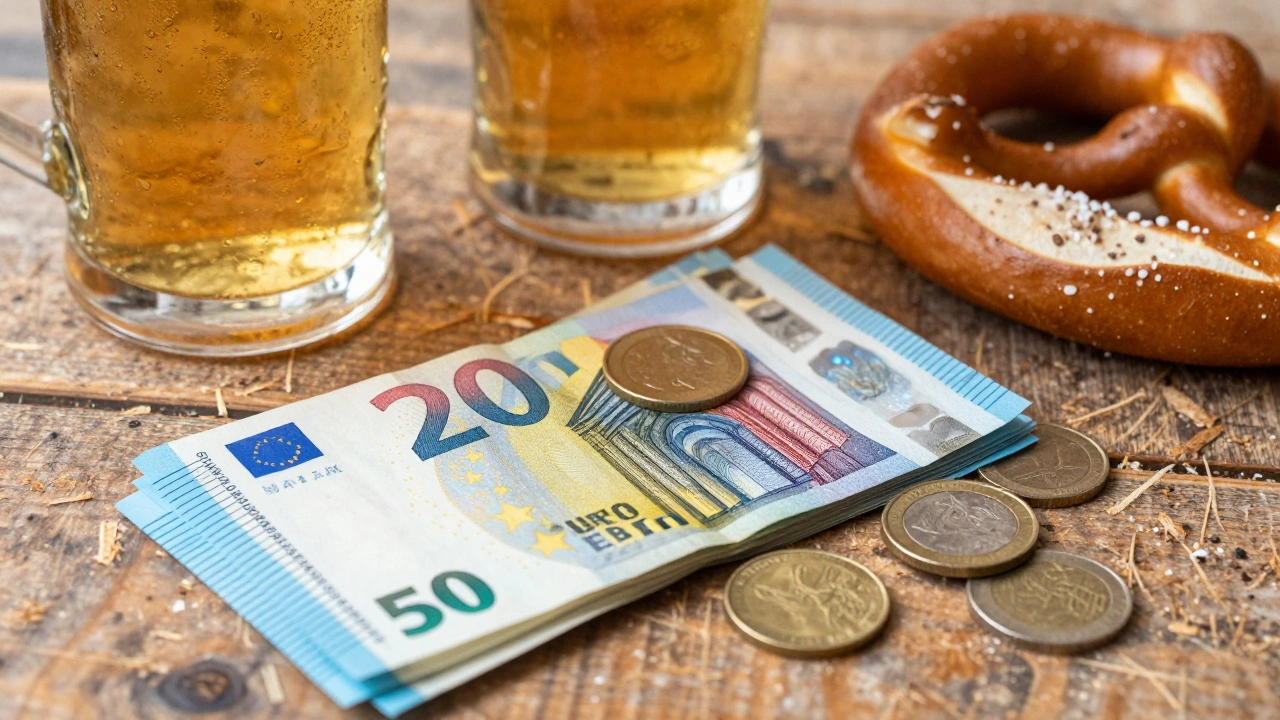 Euro cash and beer steins on a wooden festival table