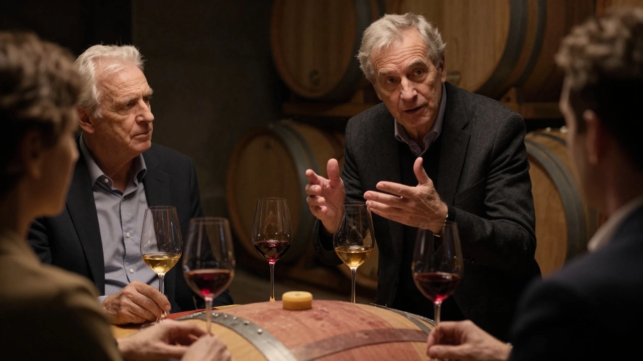 Intimate private wine tasting session with a sommelier and guests in a cellar.