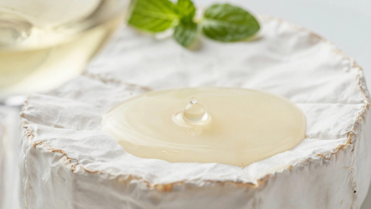 Macro shot of white wine droplets on creamy soft cheese showing texture contrast