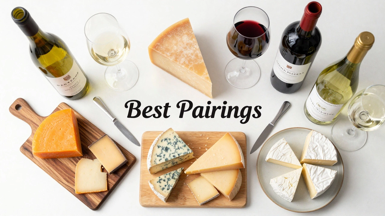 Overhead view of a curated cheese board paired with different types of wine