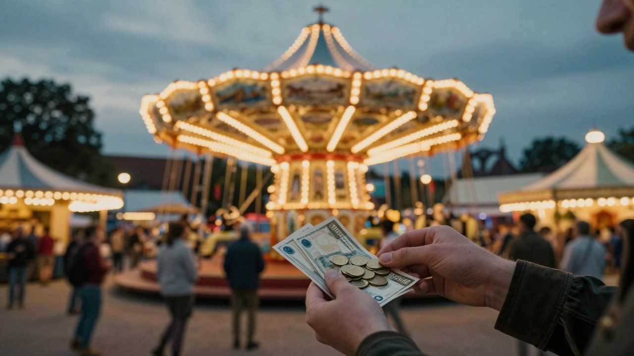 Person holding Euros at vintage Oide Wiesn fairground