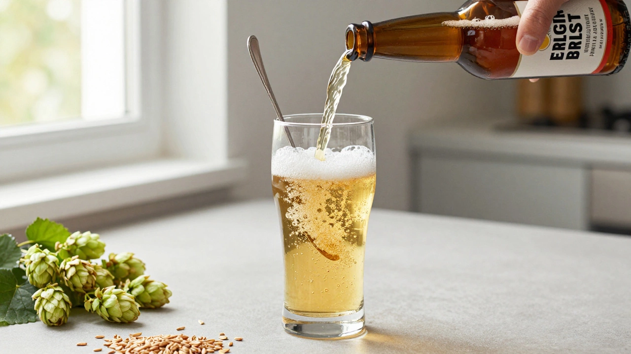 Pouring bitter ale over lager in a pint glass on a kitchen counter.