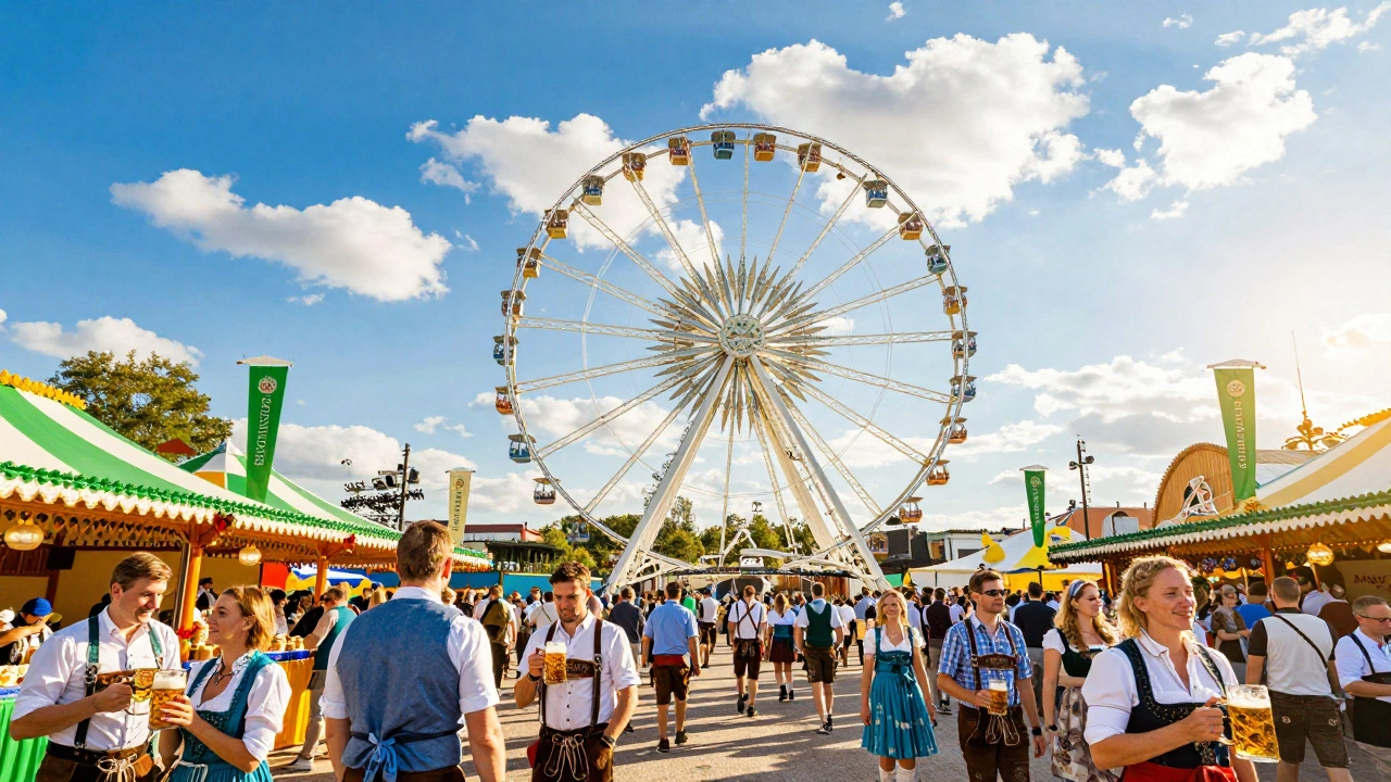Sunny modern Oktoberfest scene with Ferris wheel, tents, and cheering crowds.