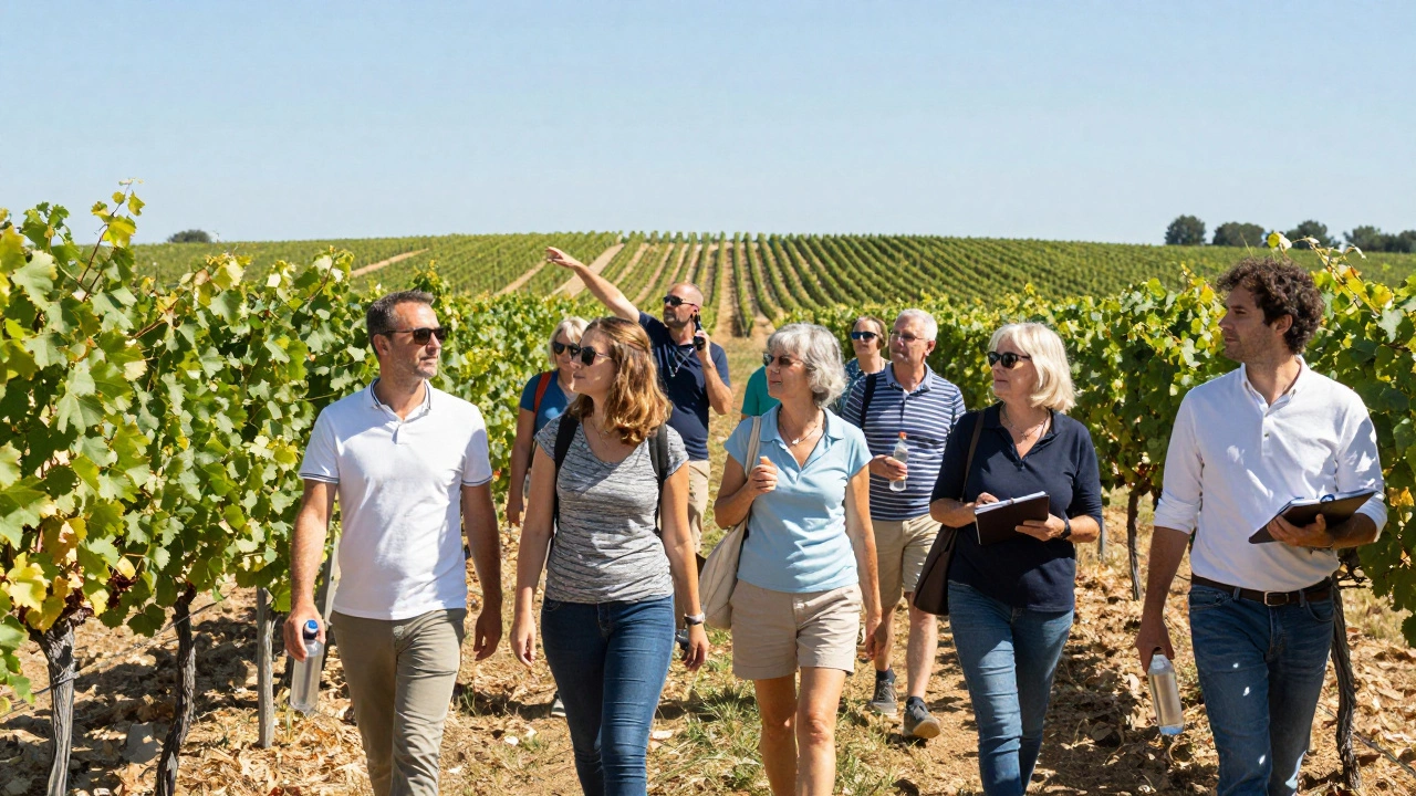 Tour group walking through vineyard rows during a guided wine tour.