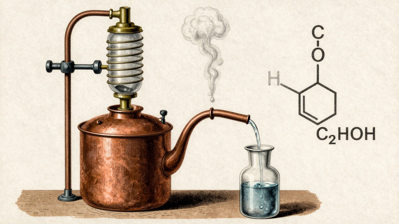 Vintage illustration of a copper distillation still and ethanol molecule