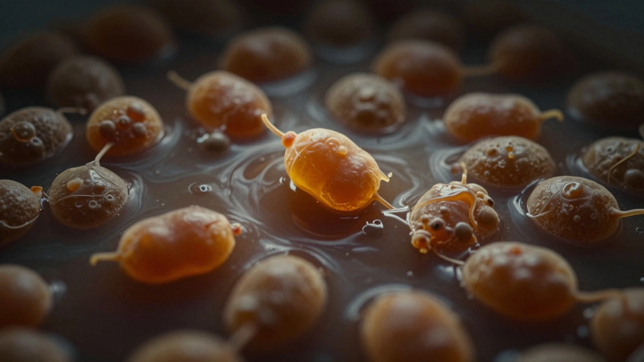 Yeast cells struggling in thick dark wort of high gravity beer