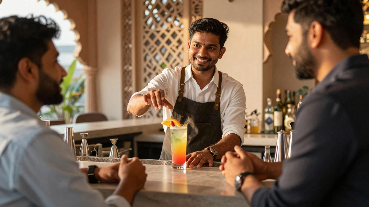 Bartender recommending a cocktail to a smiling customer