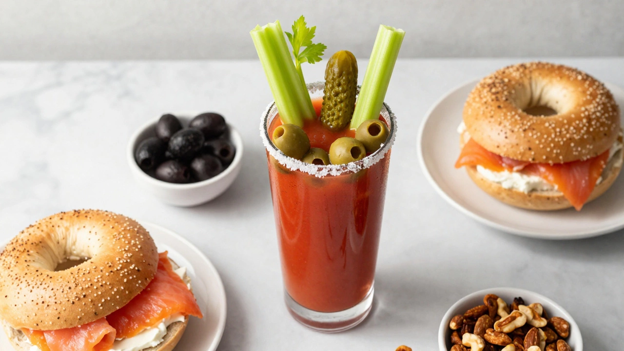 Bloody Mary cocktail with smoked salmon and nuts