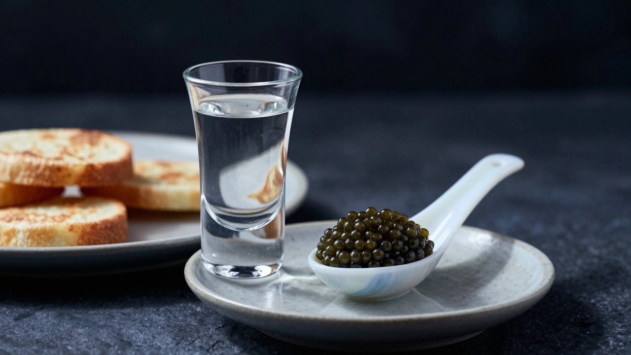 Chilled vodka shot paired with black caviar