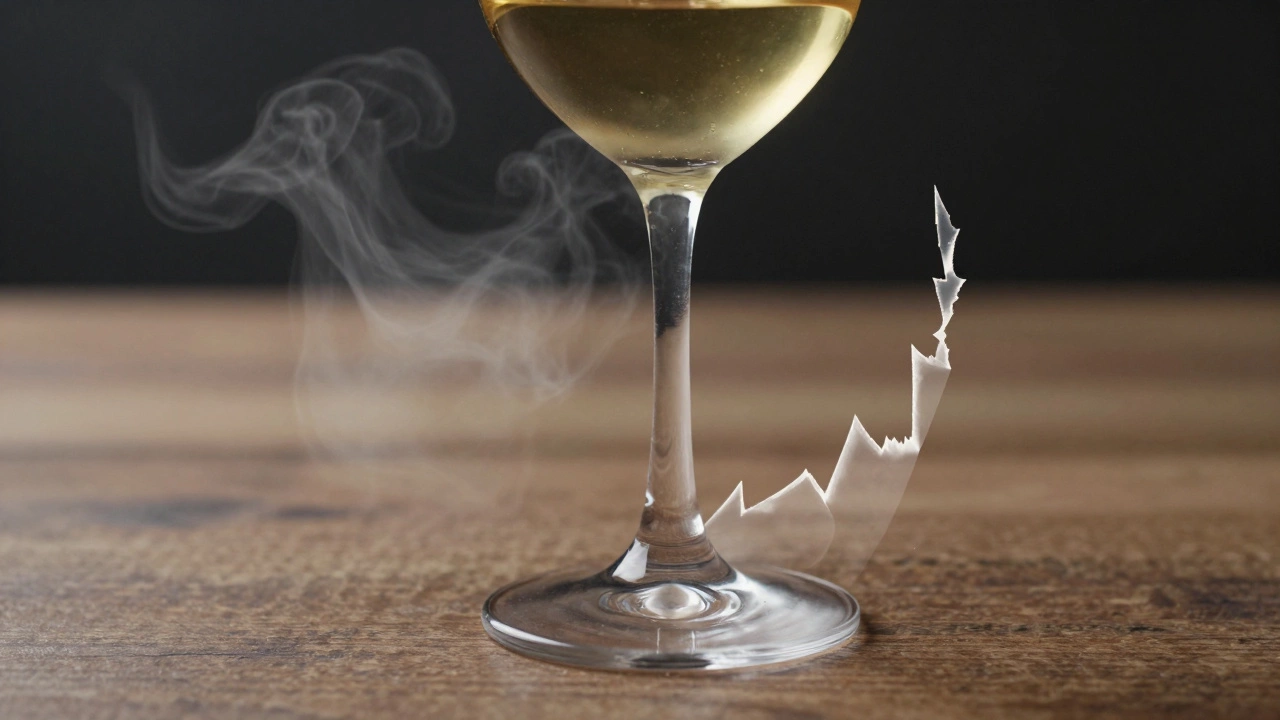 Close-up of a wine glass with abstract visual metaphors for wine spoilage smells.
