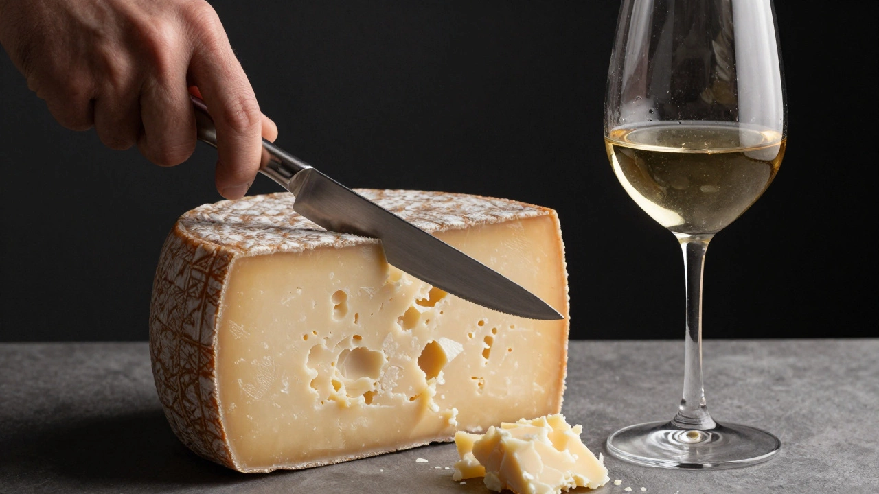 Close-up of sliced aged cheese and a glass of Pinot Noir