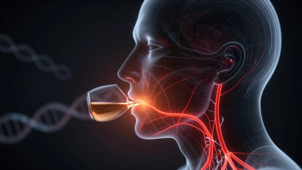 Conceptual art showing glowing nerves in throat representing alcohol burn