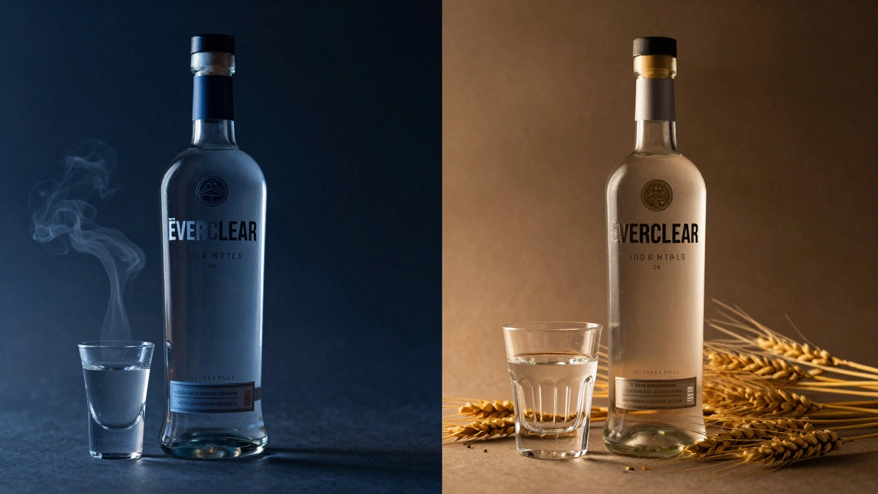 Contrast between high-proof grain spirit and wheat-based vodka bottles