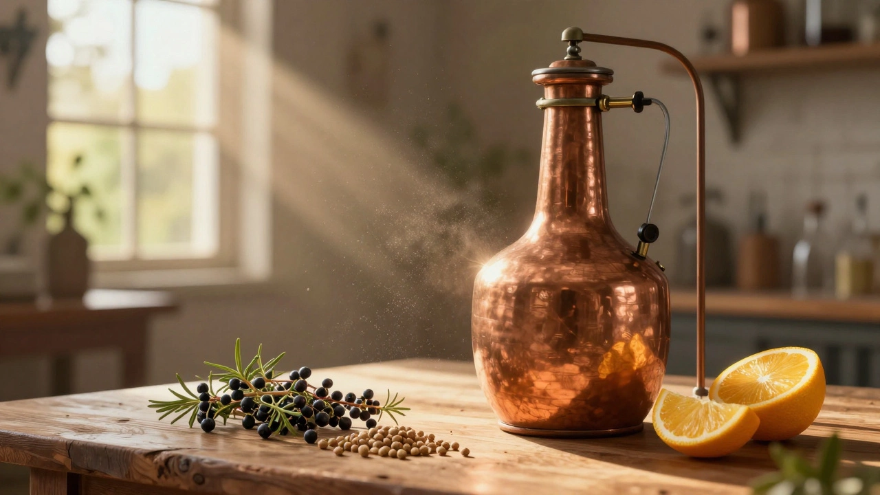 Copper gin still with fresh botanicals in warm light