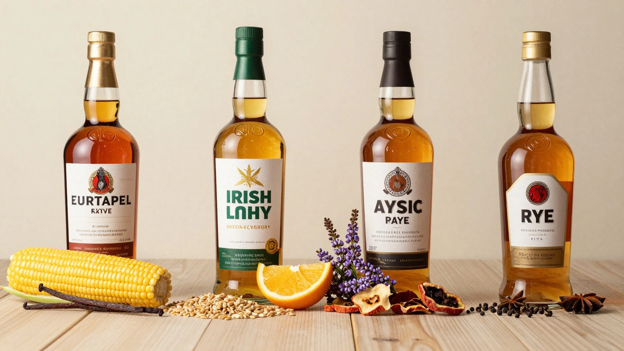 Four whiskey types displayed with their key ingredient pairings