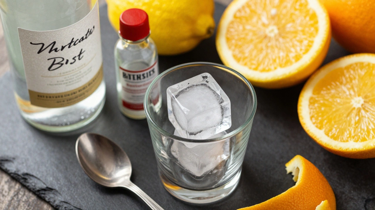 Fresh citrus fruits, bitters, and clear ice for crafting cocktails