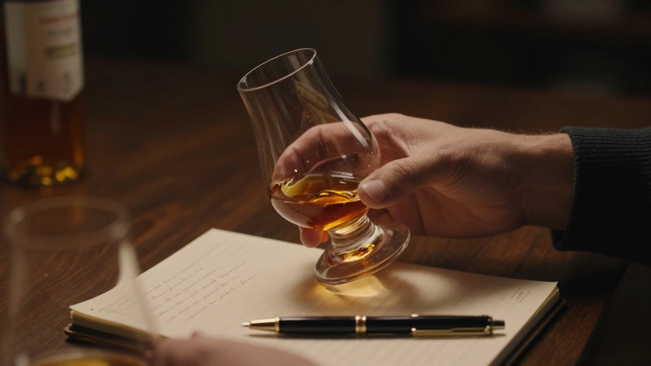 Hands swirling whiskey in a glass near a tasting notebook