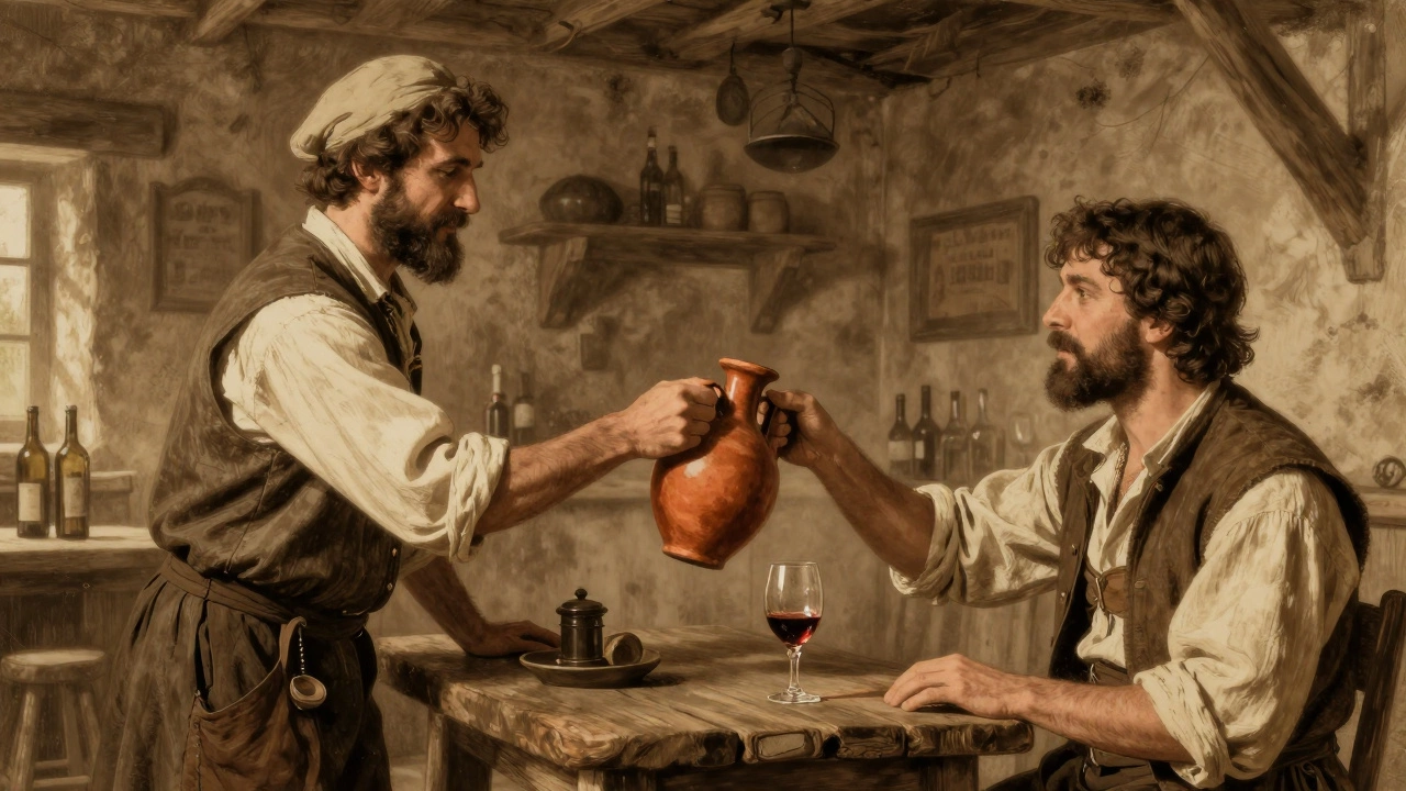 Historical illustration of an innkeeper verifying wine authenticity for a traveler.