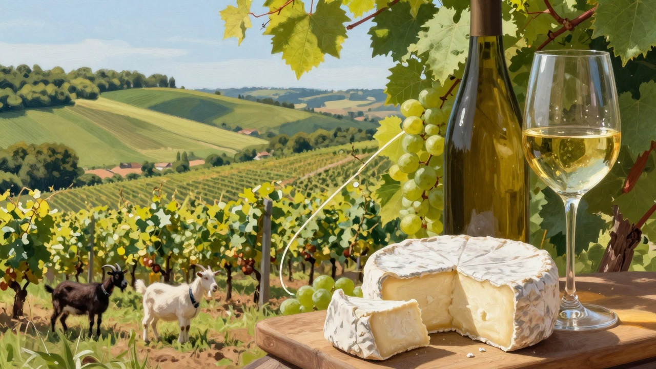 Illustration of Loire Valley landscape paired with goat cheese and white wine
