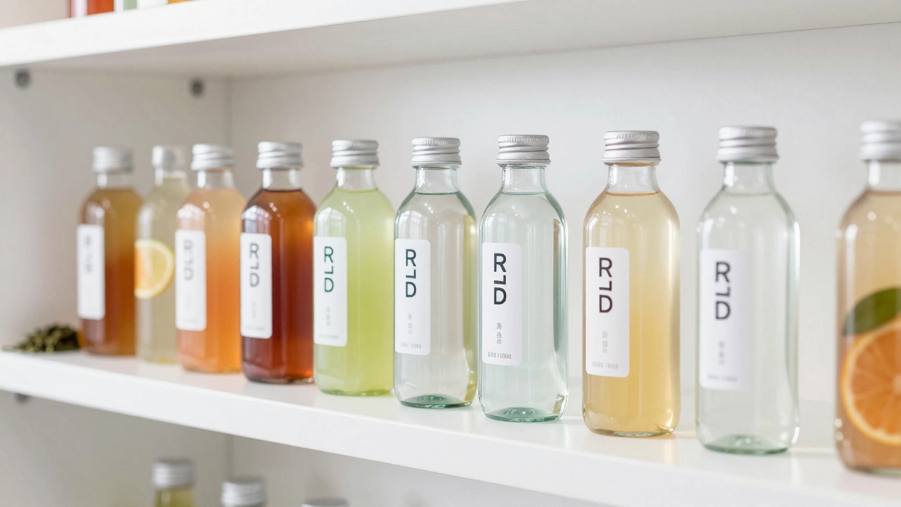 Modern bottles of ready-to-drink iced tea and sparkling water