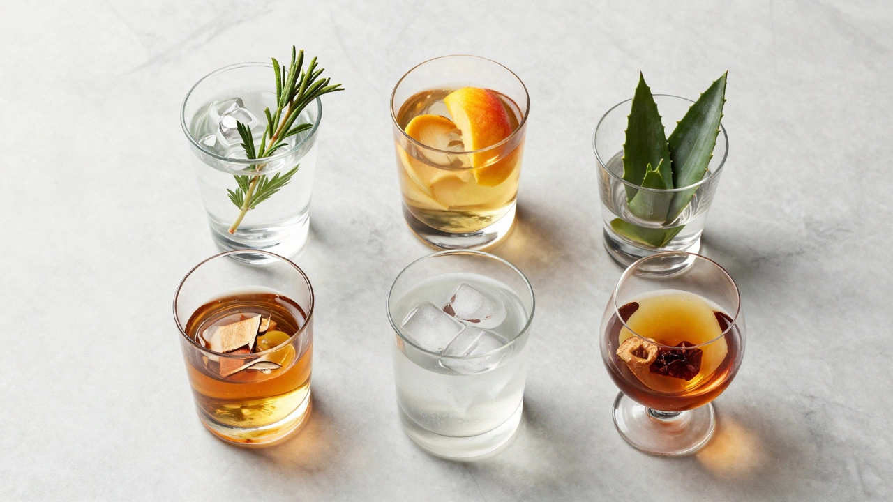 Six glasses with different spirits arranged on a marble table
