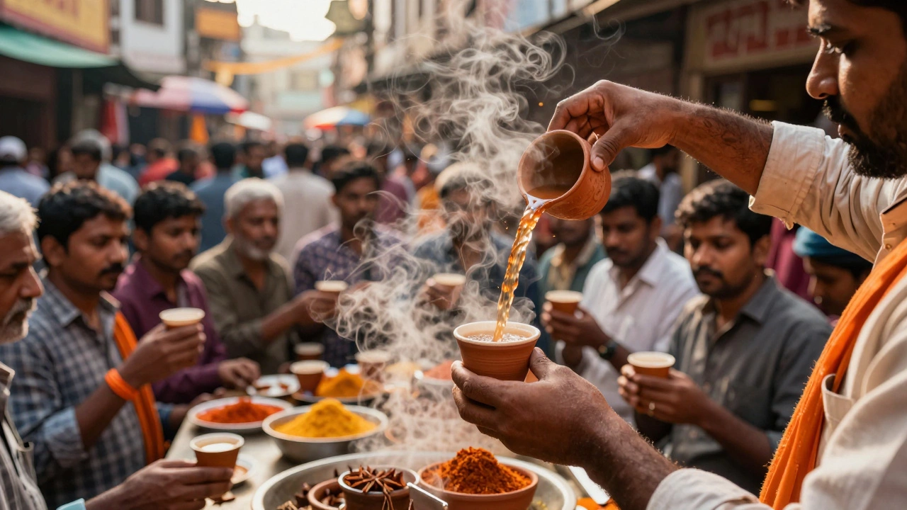 Street vendor pouring hot masala chai into clay cups in India