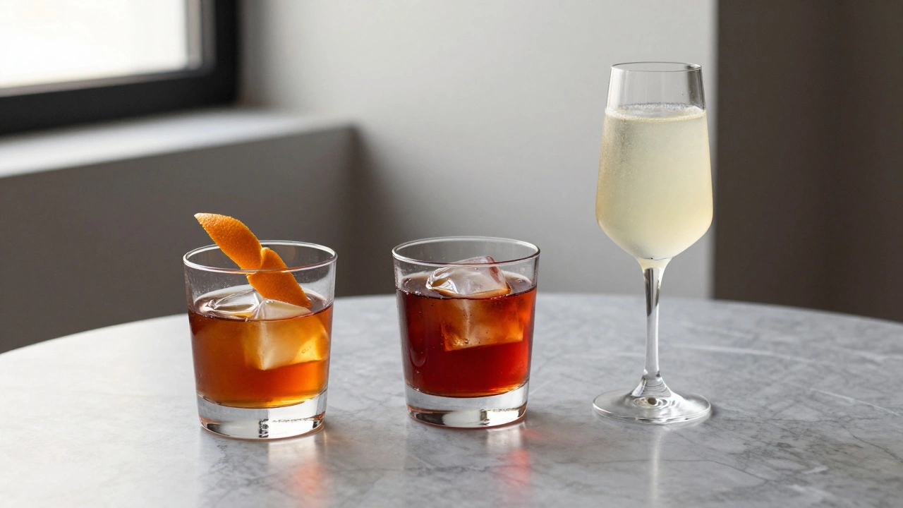 Three elegant classic cocktails on a marble table in natural light