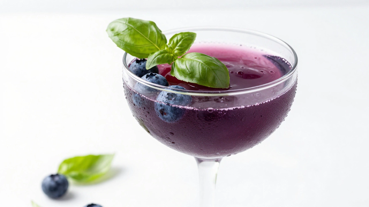 Chilled blueberry basil smash cocktail with fresh garnish