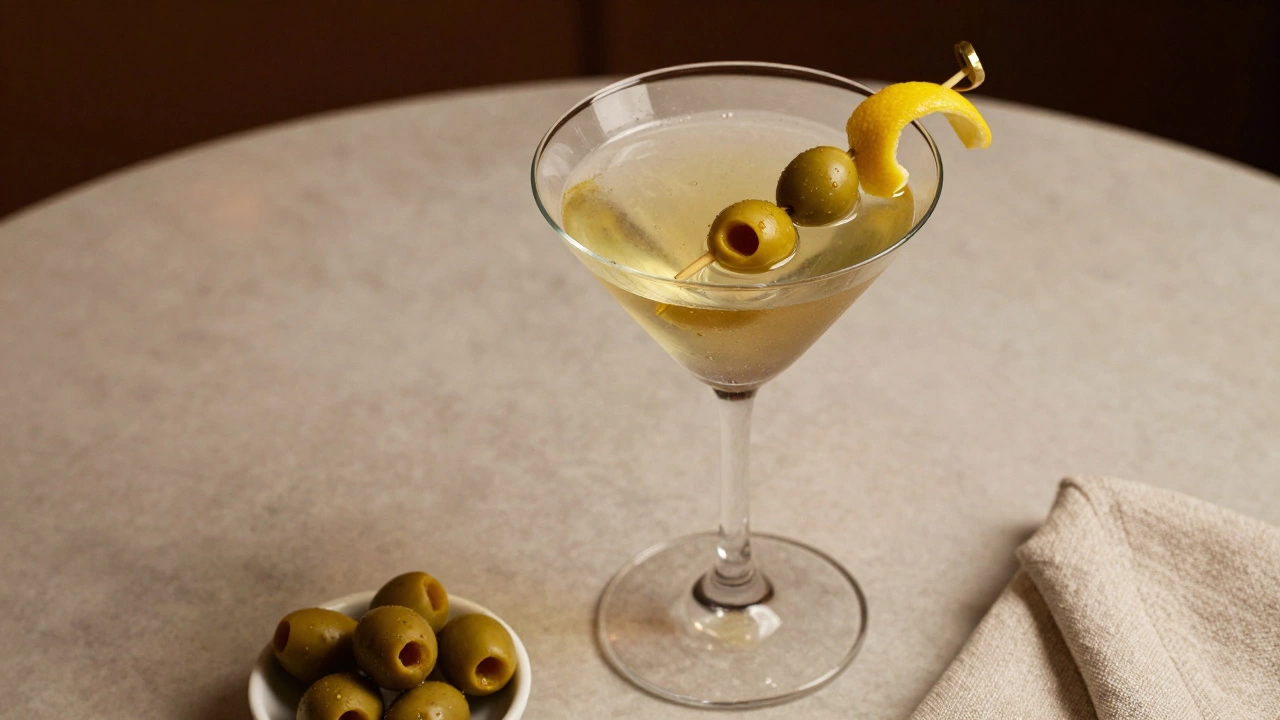 Dirty and classic martinis served in chilled glasses with garnishes